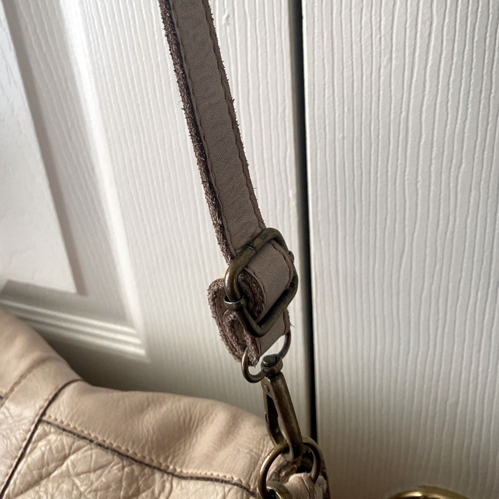 Bayside Made in Italy Beige/Taupe Pebbled Leather Studded Postman Shoulder Bag - Picture 10 of 16
